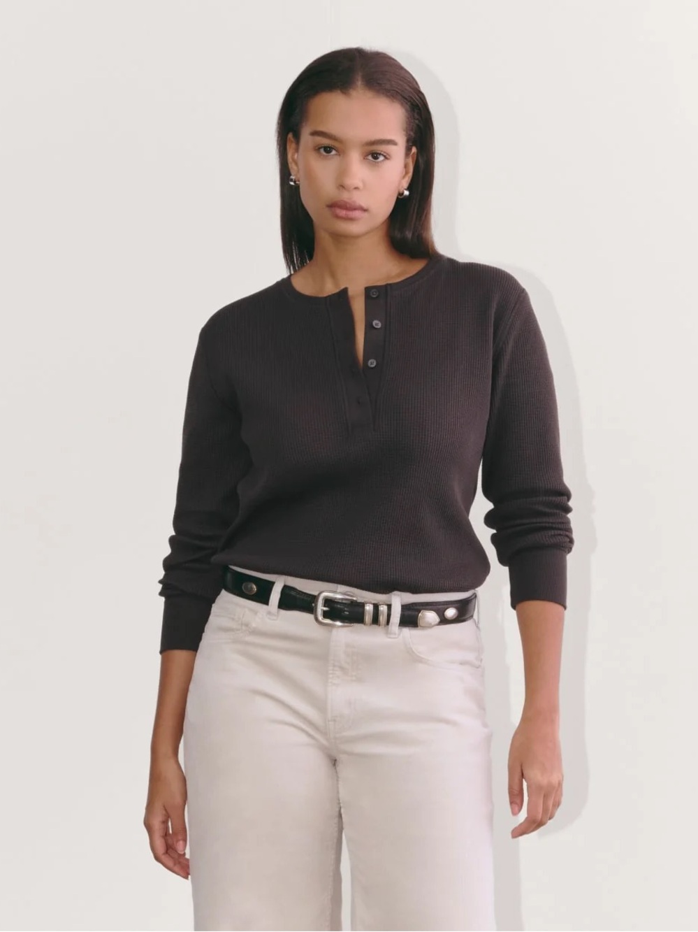 Everlane black THE WAFFLE thermal HENLEY long sleeve top organic cotton XL
